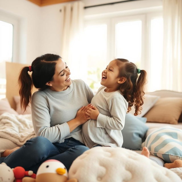 A warm and affectionate scene of a mother gently kissing her daughter's stomach, the daughter is laughing joyfully