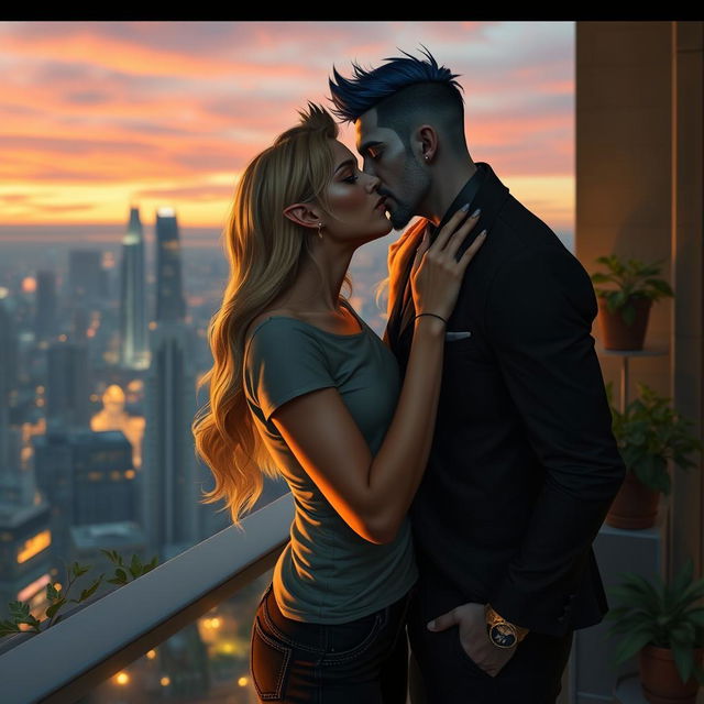 An urban fantasy couple sharing a passionate kiss on a balcony, set against a city skyline at twilight