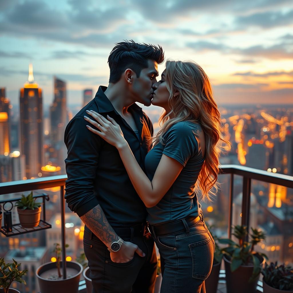 An urban fantasy couple sharing a passionate kiss on a balcony, set against a city skyline at twilight