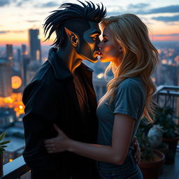 An urban fantasy couple sharing a passionate kiss on a balcony, set against a city skyline at twilight