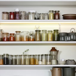 A well-organised, brightly lit kitchen shelf displaying an array of colourful ceramic dishes, spice jars, and potted herbs.