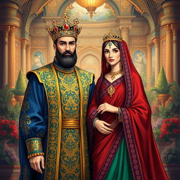 An enchanting illustration of a regal Iranian king and queen, both adorned in luxurious traditional Persian attire
