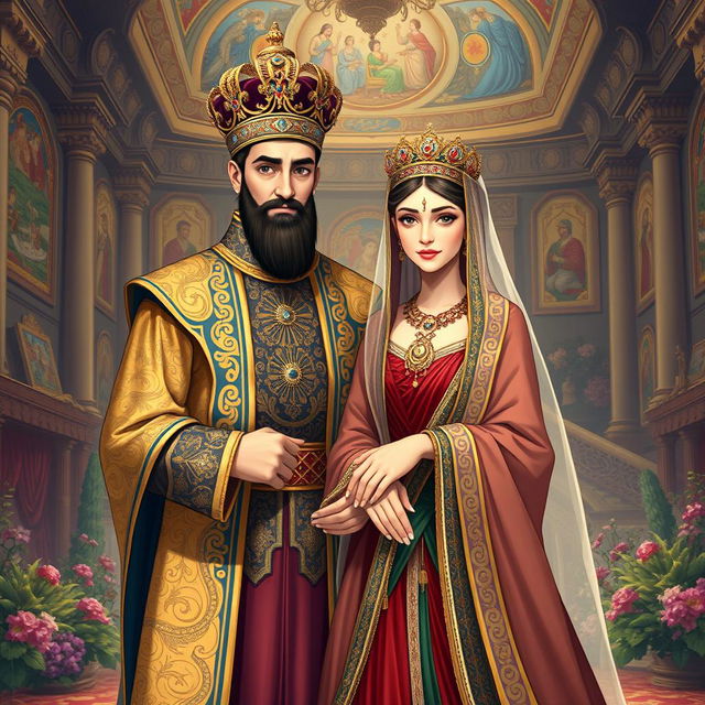 An enchanting illustration of a regal Iranian king and queen, both adorned in luxurious traditional Persian attire