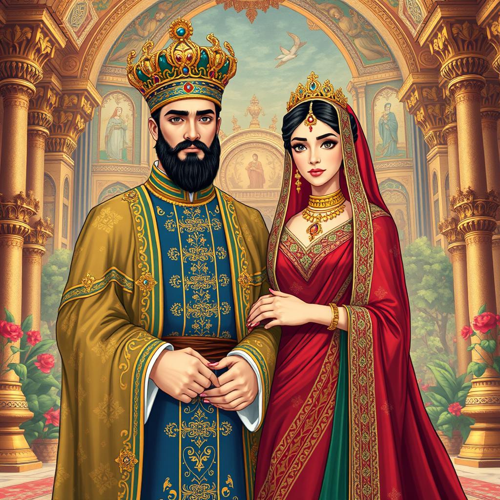 An enchanting illustration of a regal Iranian king and queen, both adorned in luxurious traditional Persian attire
