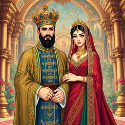 An enchanting illustration of a regal Iranian king and queen, both adorned in luxurious traditional Persian attire