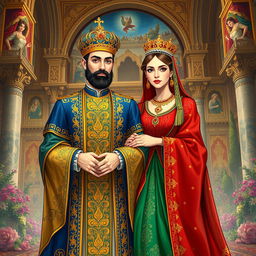 An enchanting illustration of a regal Iranian king and queen, both adorned in luxurious traditional Persian attire