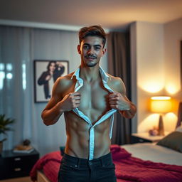 A young man in a stylish bedroom, confidently removing his shirt, showcasing a toned physique