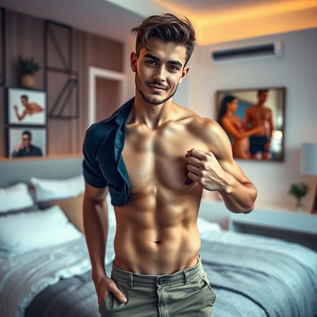 A young man in a stylish bedroom, confidently removing his shirt, showcasing a toned physique