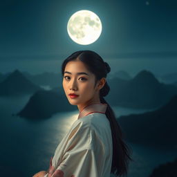 A breathtaking night scene featuring a beautiful Korean woman facing the camera