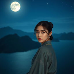 A breathtaking night scene featuring a beautiful Korean woman facing the camera