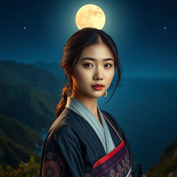 A breathtaking night scene featuring a beautiful Korean woman facing the camera