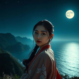 A breathtaking night scene featuring a beautiful Korean woman facing the camera