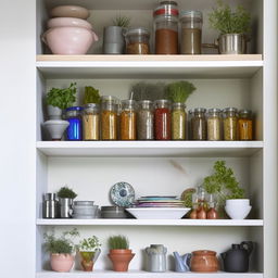 A well-organised, brightly lit kitchen shelf displaying an array of colourful ceramic dishes, spice jars, and potted herbs.