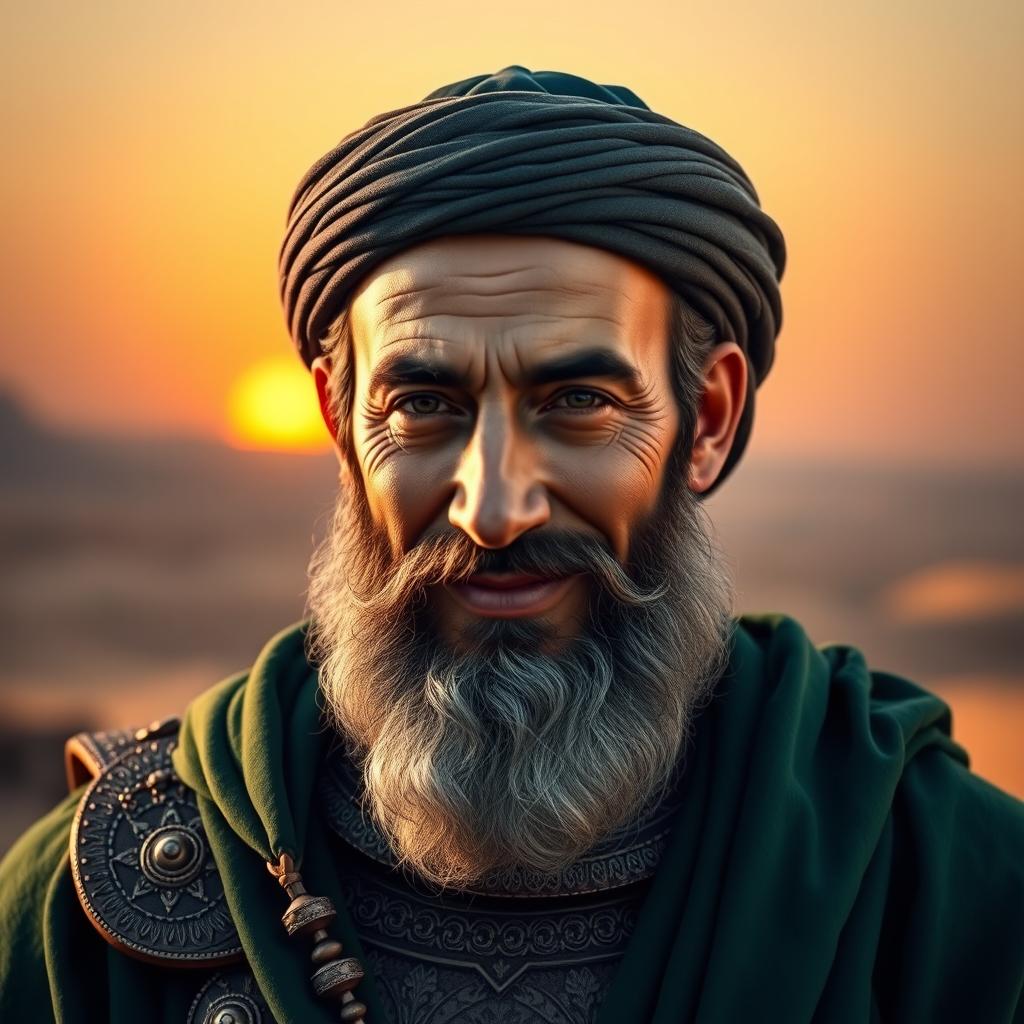 A historical portrait of Saladin, the famous 12th-century Muslim leader, depicted with a serene and peaceful expression