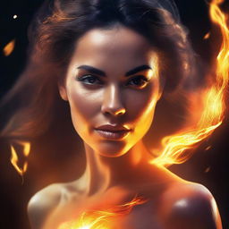 A hyper-realistic digital art image featuring a strikingly beautiful woman with the power of fire