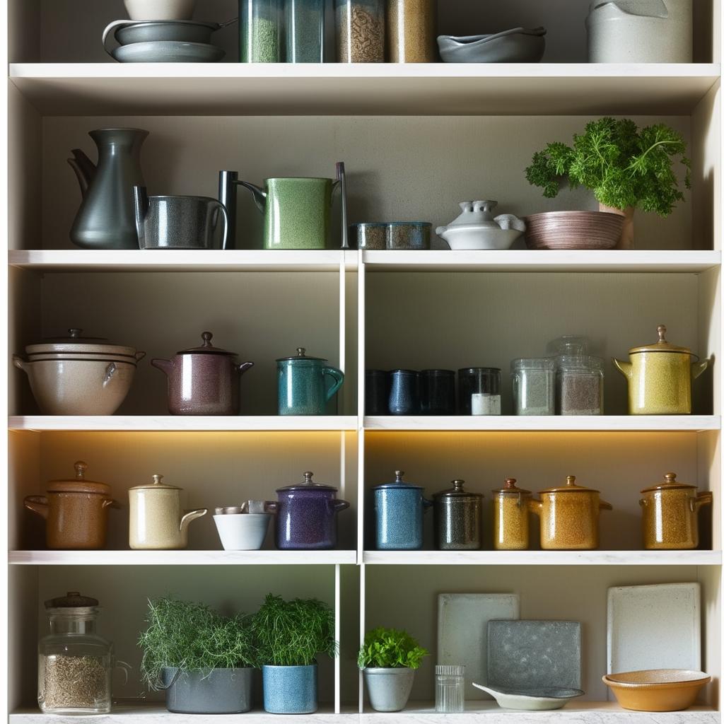 A well-organised, brightly lit kitchen shelf displaying an array of colourful ceramic dishes, spice jars, and potted herbs.