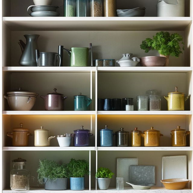 A well-organised, brightly lit kitchen shelf displaying an array of colourful ceramic dishes, spice jars, and potted herbs.