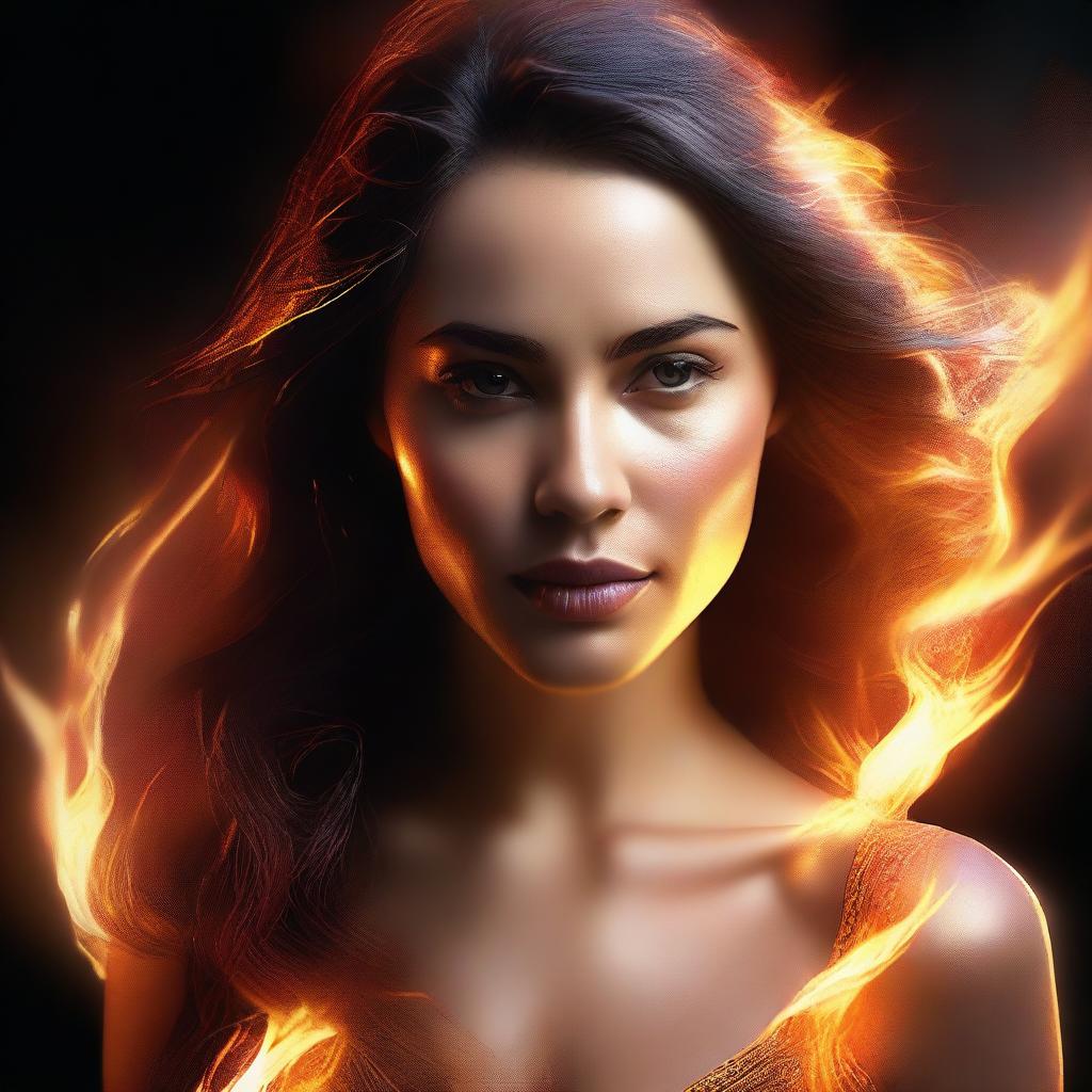 A hyper-realistic digital art image featuring a strikingly beautiful woman with the power of fire