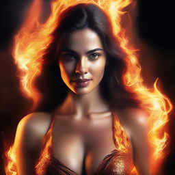 A hyper-realistic digital art image featuring a strikingly beautiful woman with the power of fire