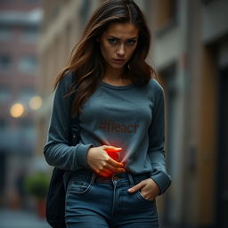 A medium shot of Tyla, a young woman with expressive features and long, wavy hair, as she stands in a slightly tense position