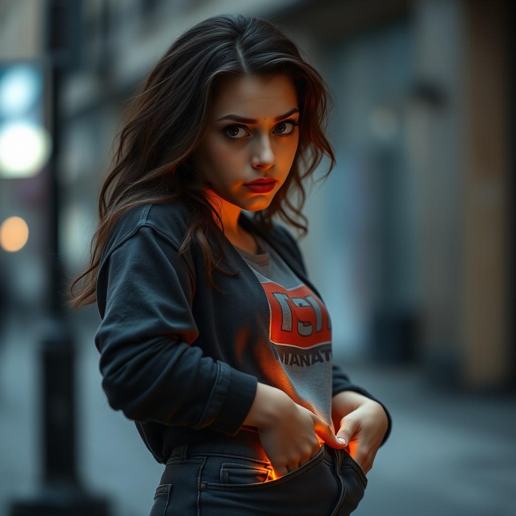 A medium shot of Tyla, a young woman with expressive features and long, wavy hair, as she stands in a slightly tense position