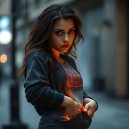 A medium shot of Tyla, a young woman with expressive features and long, wavy hair, as she stands in a slightly tense position