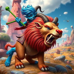 A vibrant blue-skinned humanoid figure with bright blue hair and striking blue eyes, energetically wielding a green staff