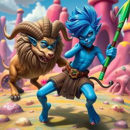 A vibrant blue-skinned humanoid figure with bright blue hair and striking blue eyes, energetically wielding a green staff