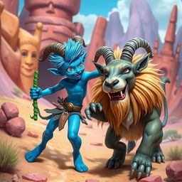 A vibrant blue-skinned humanoid figure with bright blue hair and striking blue eyes, energetically wielding a green staff