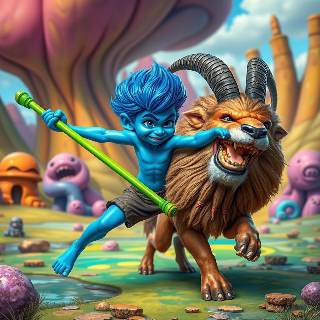 A vibrant blue-skinned humanoid figure with bright blue hair and striking blue eyes, energetically wielding a green staff