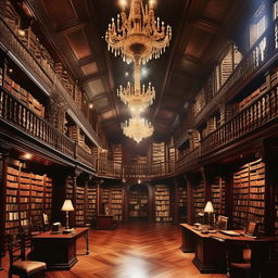 Generate an image of an old, ornate library with floor-to-ceiling mahogany bookshelves, filled to the brim with dusty, leather-bound books. The room should be dimly lit by a grand, wrought iron chandelier.