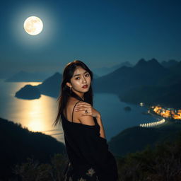 A breathtaking night scene featuring a beautiful Korean woman posing gracefully and attracting attention while facing the camera