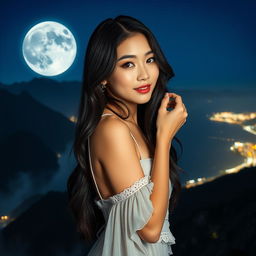 A breathtaking night scene featuring a beautiful Korean woman posing gracefully and attracting attention while facing the camera