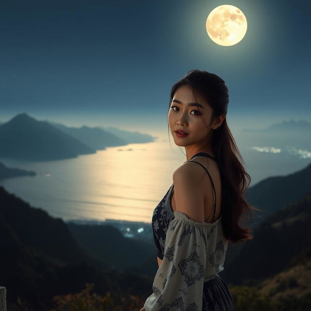 A breathtaking night scene featuring a beautiful Korean woman posing gracefully and attracting attention while facing the camera