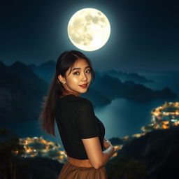 A breathtaking night scene featuring a beautiful Korean woman posing gracefully and attracting attention while facing the camera