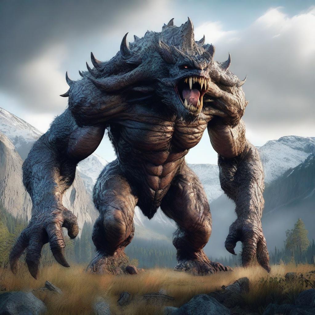 A hyper-realistic digital art piece showcasing a colossal monster, half-animal in nature