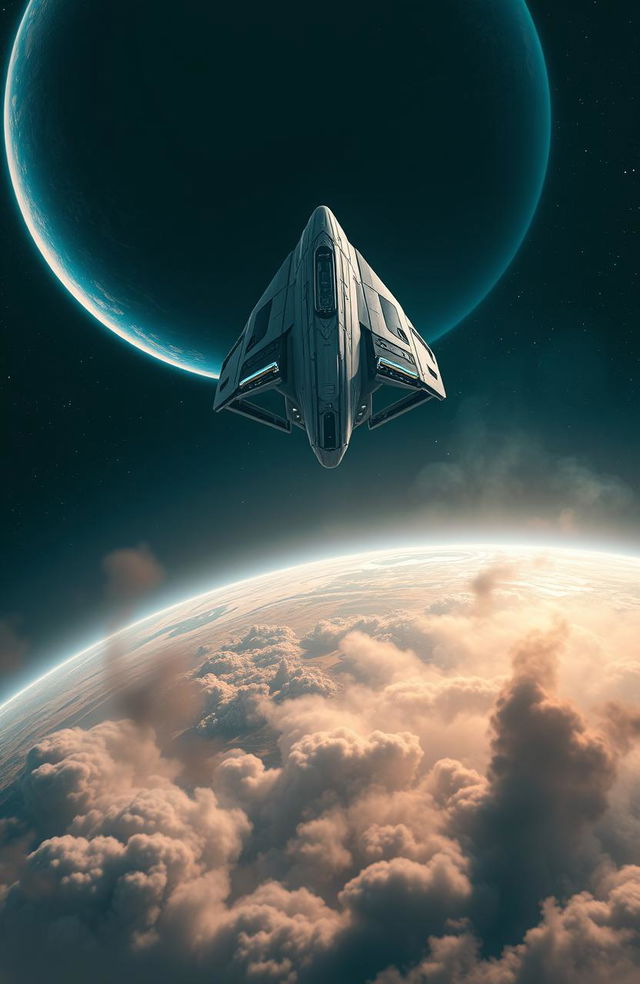 A stunning futuristic scene of a sleek, advanced spaceship gliding through the cosmos towards a distant planet, with detailed design elements showcasing technology and innovation