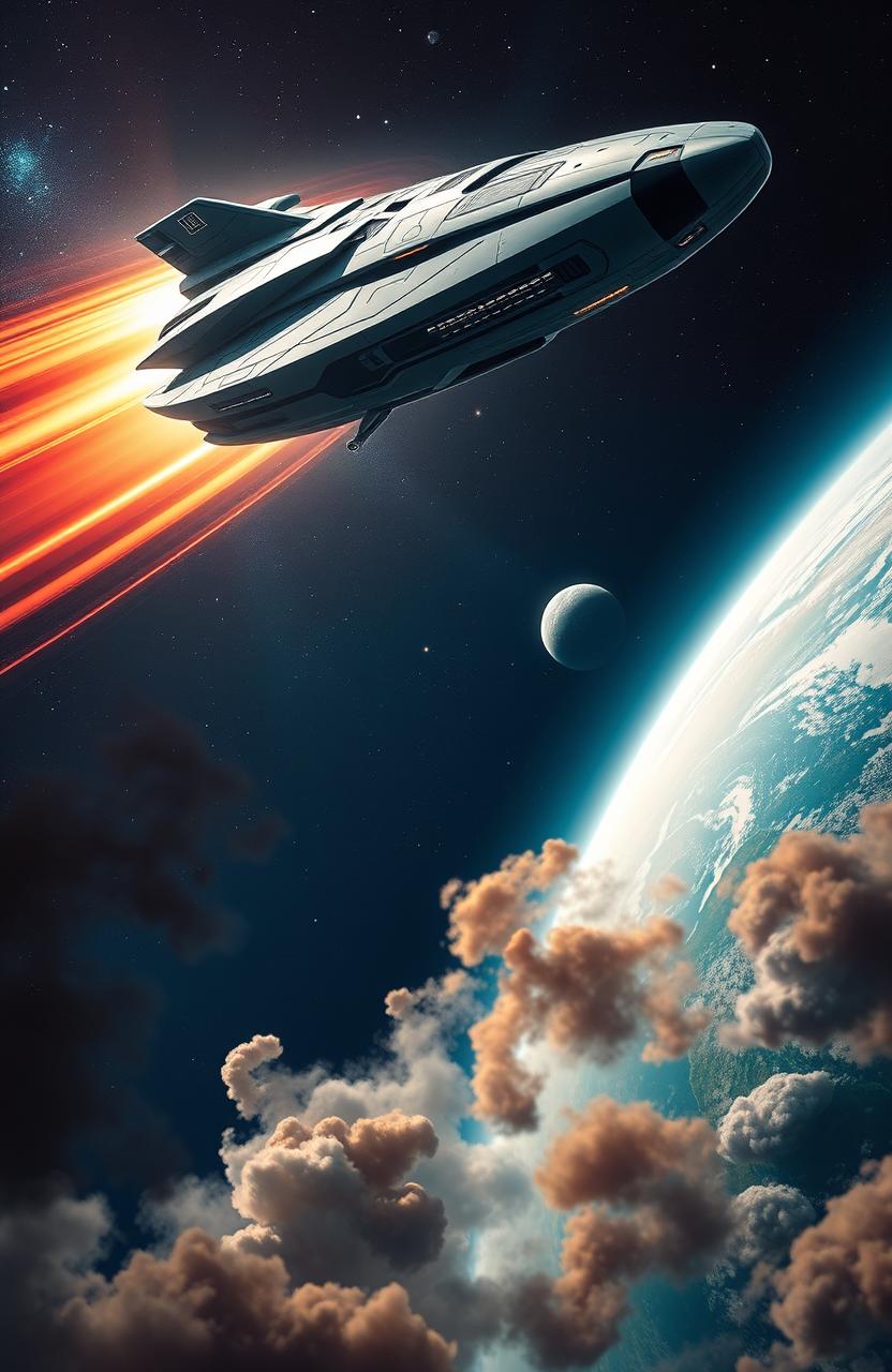 A stunning futuristic scene of a sleek, advanced spaceship gliding through the cosmos towards a distant planet, with detailed design elements showcasing technology and innovation