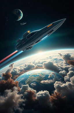 A stunning futuristic scene of a sleek, advanced spaceship gliding through the cosmos towards a distant planet, with detailed design elements showcasing technology and innovation