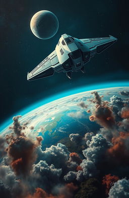 A stunning futuristic scene of a sleek, advanced spaceship gliding through the cosmos towards a distant planet, with detailed design elements showcasing technology and innovation