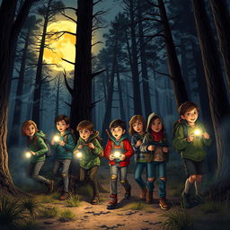 A group of kids embarking on an adventurous horror quest in a spooky forest, illuminated by a glowing full moon