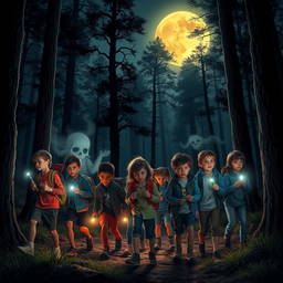 A group of kids embarking on an adventurous horror quest in a spooky forest, illuminated by a glowing full moon