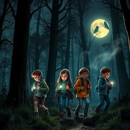 A group of kids embarking on an adventurous horror quest in a spooky forest, illuminated by a glowing full moon