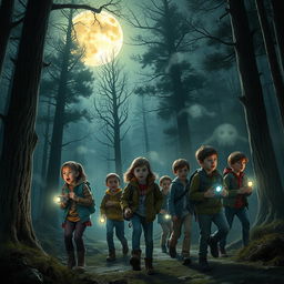 A group of kids embarking on an adventurous horror quest in a spooky forest, illuminated by a glowing full moon