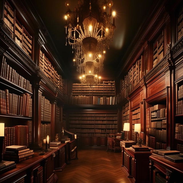 Generate an image of an old, ornate library with floor-to-ceiling mahogany bookshelves, filled to the brim with dusty, leather-bound books. The room should be dimly lit by a grand, wrought iron chandelier.