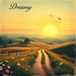 A vintage-style poster featuring a dreamy, nostalgic landscape with a sunset over rolling hills, a small farmhouse, and a winding dirt road leading into the distance