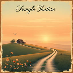 A vintage-style poster featuring a dreamy, nostalgic landscape with a sunset over rolling hills, a small farmhouse, and a winding dirt road leading into the distance