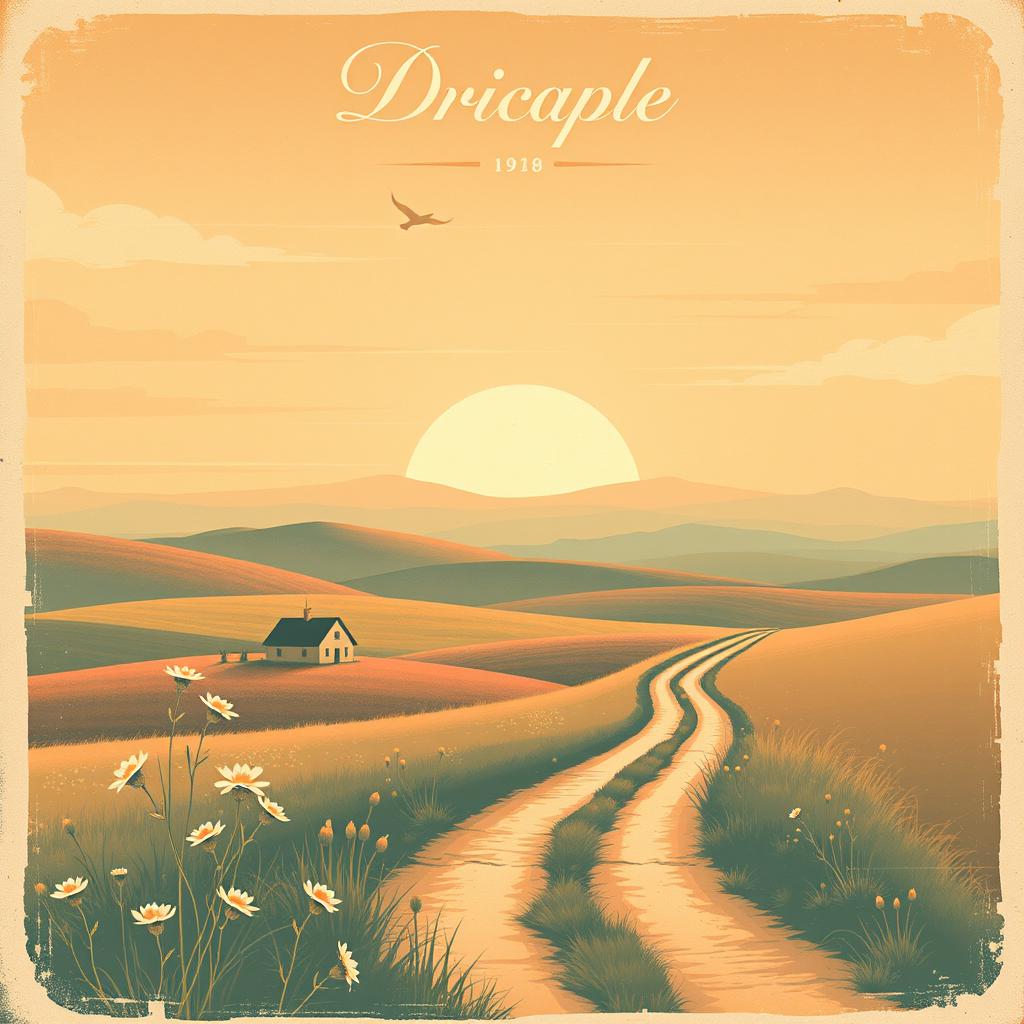 A vintage-style poster featuring a dreamy, nostalgic landscape with a sunset over rolling hills, a small farmhouse, and a winding dirt road leading into the distance
