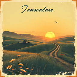 A vintage-style poster featuring a dreamy, nostalgic landscape with a sunset over rolling hills, a small farmhouse, and a winding dirt road leading into the distance