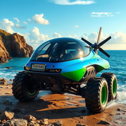 A highly detailed and futuristic amphibious vehicle designed for both land and water travel